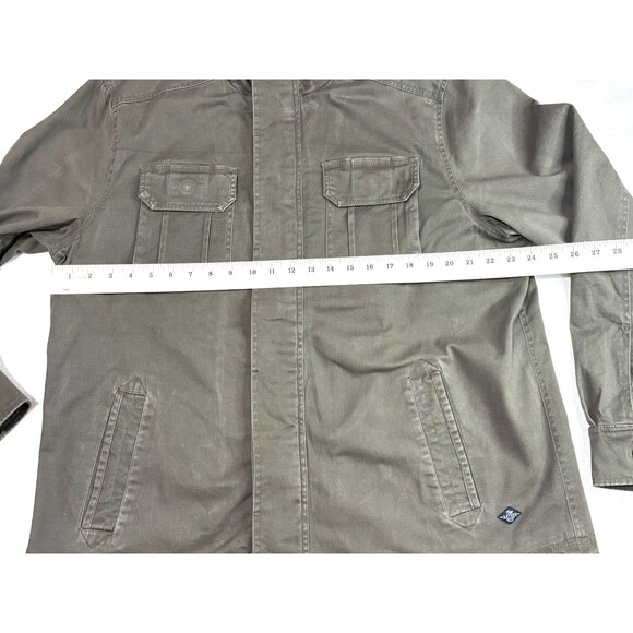 Flag Anthem Olive Mock Neck Trucker Military Shirt Jacket Zip Up Hidden Button - Picture 10 of 16